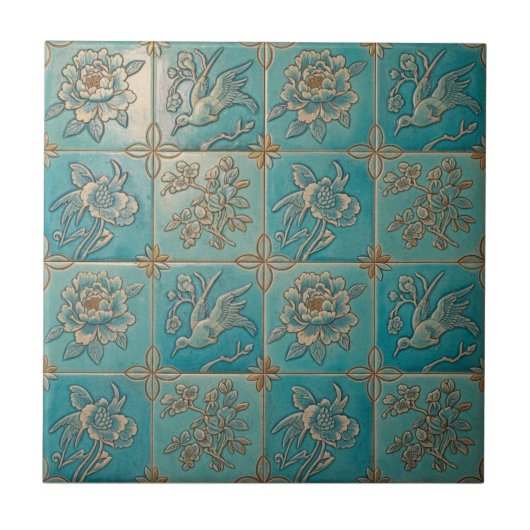 Turquoise Chinoiserie Relief Pattern Ceramic Tile Fliese (Vorderseite)