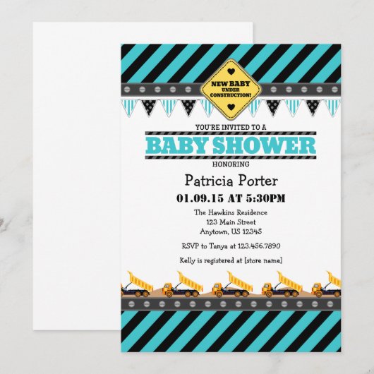 Turquoise Construction Baby Dusche Einladung (Vorne/Hinten)