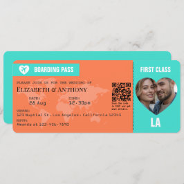 Turquoise & Coral Boarding Pass Wedding Einladung