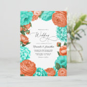 Turquoise & Coral Floral Wedding Einladung (Stehend Vorderseite)