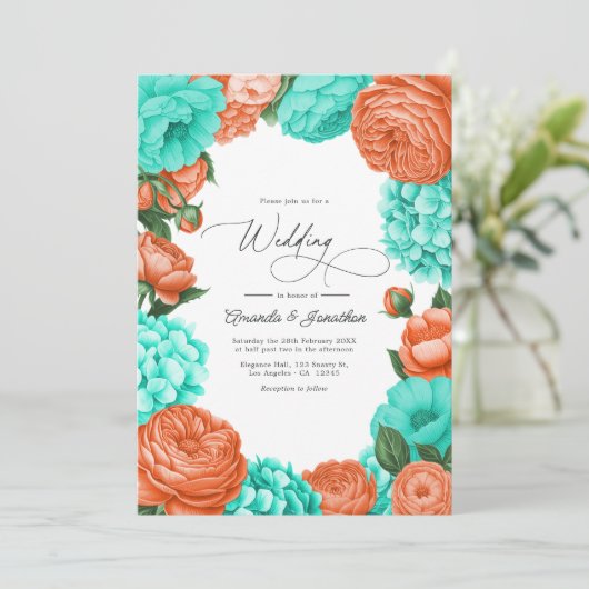 Turquoise & Coral Floral Wedding Einladung (Stehend Vorderseite)