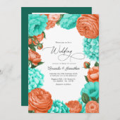Turquoise & Coral Floral Wedding Einladung (Vorne/Hinten)
