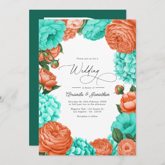 Turquoise & Coral Floral Wedding Einladung (Vorne/Hinten)
