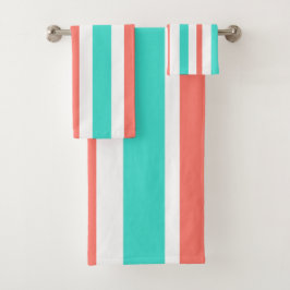 Turquoise Coral White Stripes Badhandtuch Set