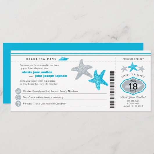 Turquoise Cruise Starfish Boarding Pass Wedding Einladung (Vorne/Hinten)