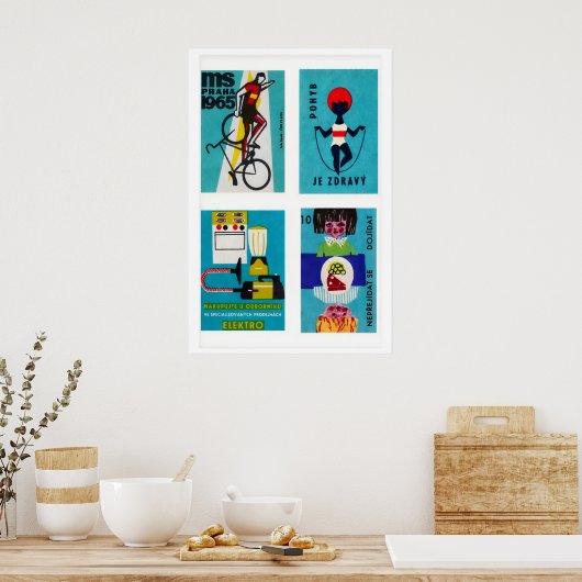 Turquoise Czech Matchbox Labels Grid Print Poster (Küche)