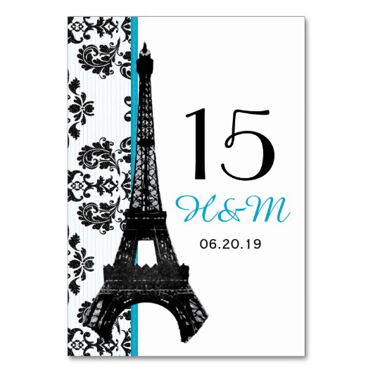 TURQUOISE DAMASK EIFFEL TOWER PARISIAN WEDING TISCHNUMMER (Vorderseite)
