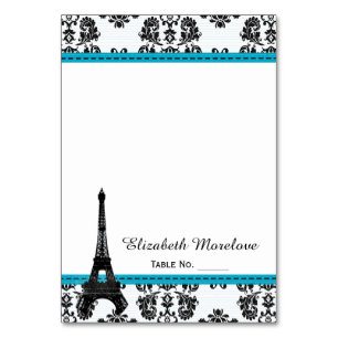 Turquoise Damask Eiffelturm Zelt-Platzkarten Tischnummer