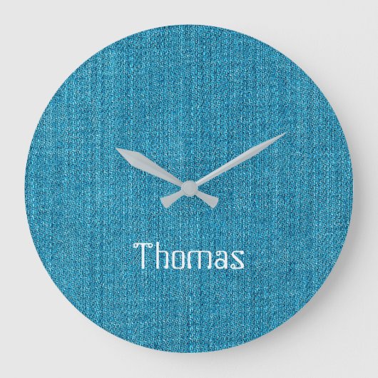 Turquoise Denim Jeans Fabric Name Personalized Große Wanduhr (Vorderseite)