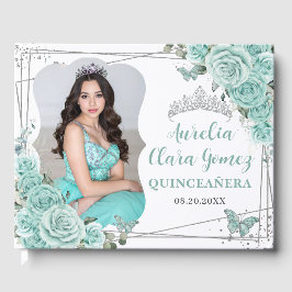 Turquoise Floral Butterflies QUINCEAÑERA 16 Photo Gästebuch