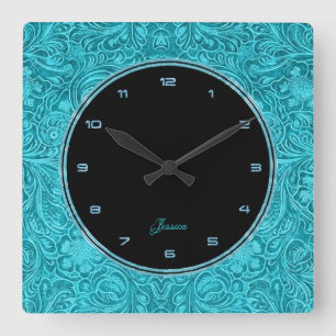 Turquoise Floral Falsch Leather Embossed Look 2 Quadratische Wanduhr