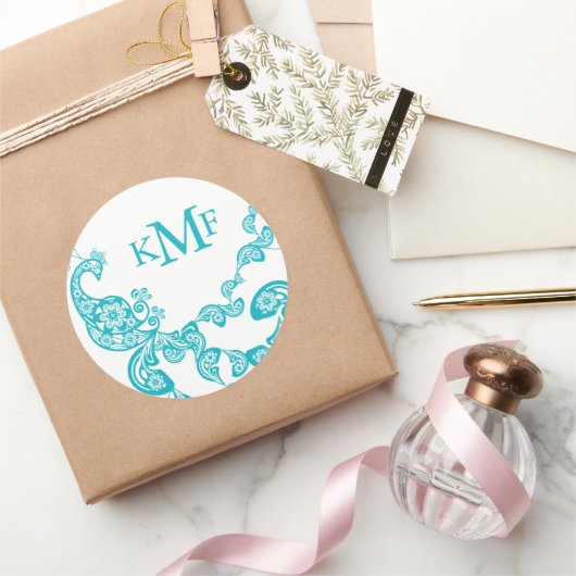 Turquoise Floral Paisley Peacock Gastgeschenk Hoch Runder Aufkleber (Schenken)