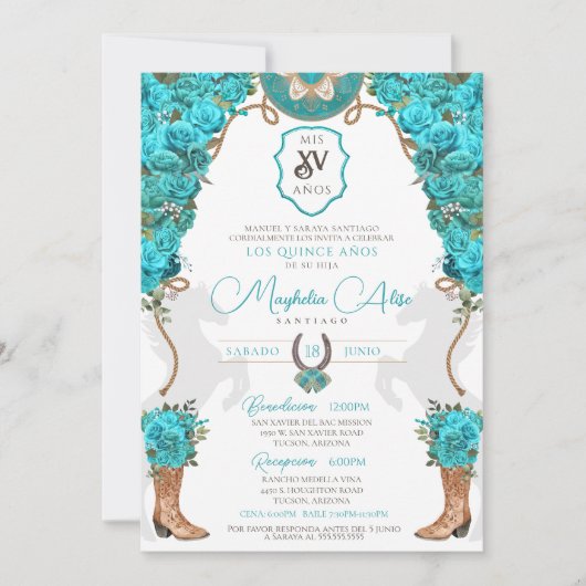 Turquoise Floral Western Charro Ranch Quinceañera Einladung (Vorderseite)
