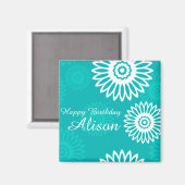 Turquoise flowers Happy Birthday Name Magnet (Vorderseite/Rückseite)