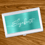 Turquoise Foil Modern Brush Script First Name Visitenkarten Dose<br><div class="desc">A first name business card case holder for her. The script is a lovely, brush stroke modern handwritten script that is a perfect gift for her. The decorative brush stroke style may require you to re-center your given name. You may also customize the font color and calligraphy style. The background...</div>