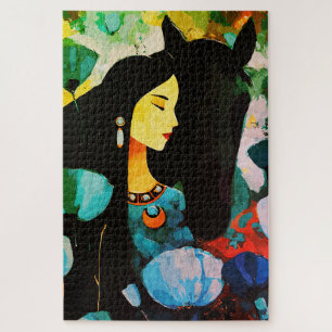 Turquoise-Frauen- und Pferdebild Puzzle