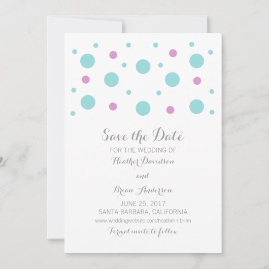 Turquoise Fuchsia Confetti Save the Date einladen (Vorderseite)