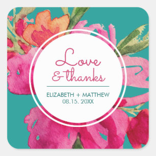 Turquoise Fuchsia Floral Wedding Vielen Dank Quadratischer Aufkleber