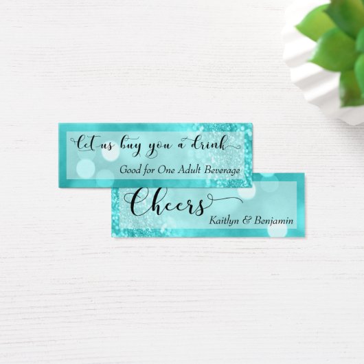 Turquoise Glitzer Bokeh Script Mini Drink Ticket (Schreibtisch)