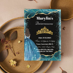 Turquoise Glitzer Princess Quinceañera Ballgown Einladung