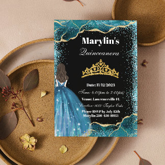 Turquoise Glitzer Princess Quinceañera Ballgown Einladung