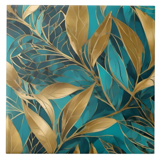 Turquoise Gold Boho Blätter Trendy Collection Fliese (Vorderseite)