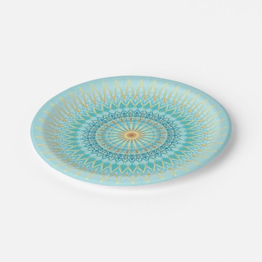 Turquoise Gold Boho Mandala Pappteller (Schrägansicht)