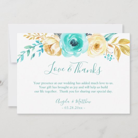 Turquoise Gold Botanical Floral Wedding Vielen Dan Dankeskarte (Vorderseite)