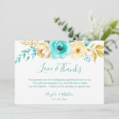 Turquoise Gold Botanical Floral Wedding Vielen Dan Dankeskarte (Stehend Vorderseite)