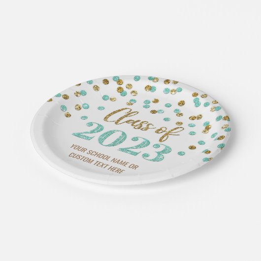 Turquoise Gold Confetti Abschluss 2023 Pappteller (Schrägansicht)