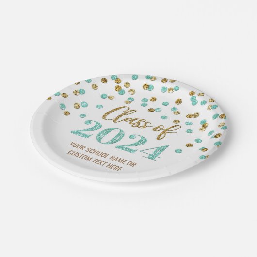 Turquoise Gold Confetti Abschluss 2024 Pappteller (Schrägansicht)