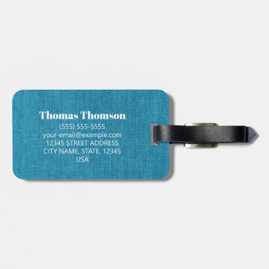 Turquoise Gold Denim Jeans Fabric Custom Info Gepäckanhänger (Rückseite horizontal)