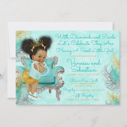 Turquoise Gold Fether Baby Dusche Einladung (Vorderseite)