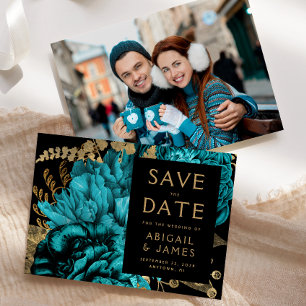 Turquoise Gold Floral Foto Hochzeit speichern das  Einladung