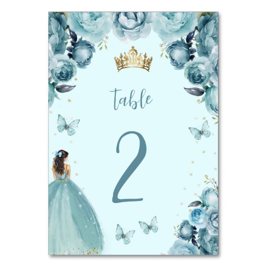 Turquoise Gold Floral Princess Quinceañera Tischnummer (Vorderseite)