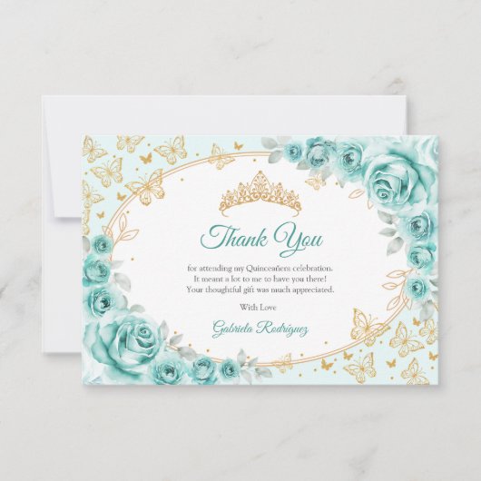 Turquoise Gold Floral Quinceanera Dankeskarte (Vorderseite)
