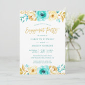 Turquoise Gold Floral Romance Engagement Party Einladung (Stehend Vorderseite)