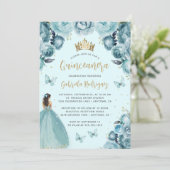Turquoise Gold Floral Watercolor Quinceañera Einladung (Stehend Vorderseite)