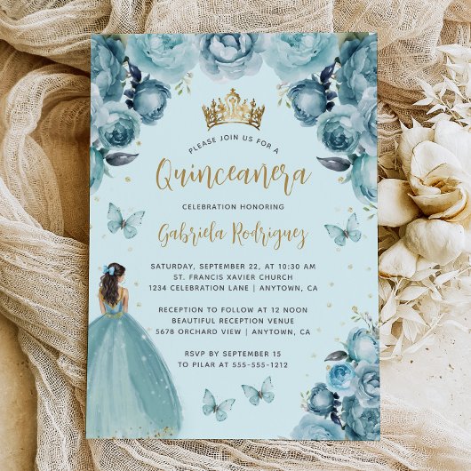 Turquoise Gold Floral Watercolor Quinceañera Einladung
