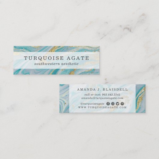 Turquoise & Gold Geode Marble Swirl Social Media Mini Visitenkarte (Vorne/Hinten)
