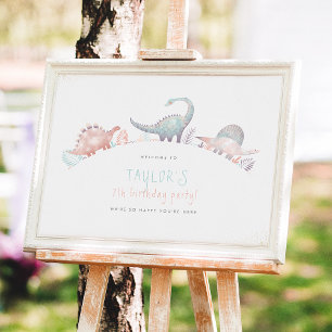 Turquoise & Gold Girl Dinosaur Geburtstagsparty Poster