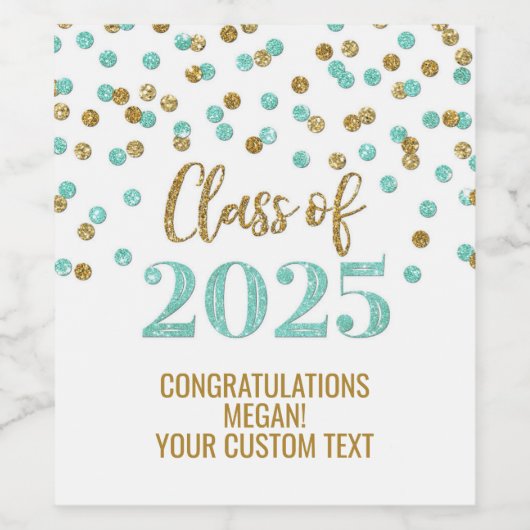 Turquoise Gold Glitzer Class 2025 Abschluss Weinetikett (Einzelnes Label)