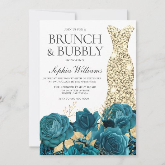 Turquoise Gold Gown Brautparty Brunch & Bubbly Einladung (Vorderseite)
