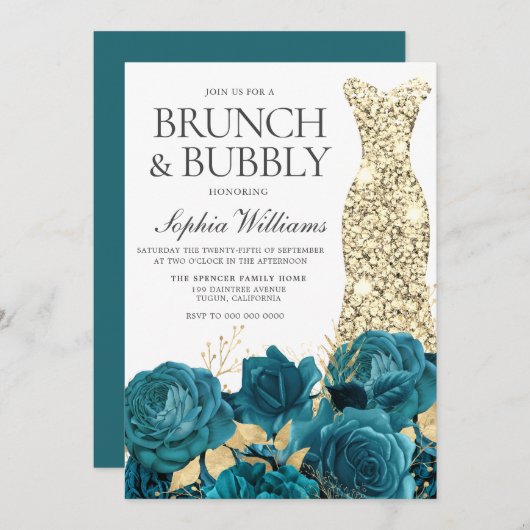 Turquoise Gold Gown Brautparty Brunch & Bubbly Einladung (Vorne/Hinten)