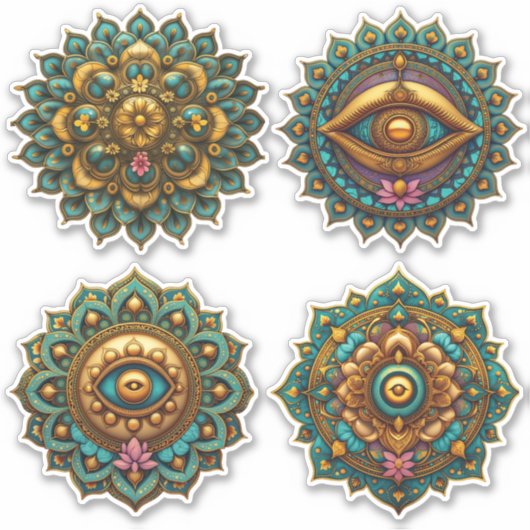 Turquoise Gold Lotus Mandala - Fantasy Graphic Art Aufkleber (Vorderseite)