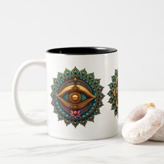 Turquoise Gold Lotus Mandala - Fantasy Graphic Art Zweifarbige Tasse (Mit Donut)