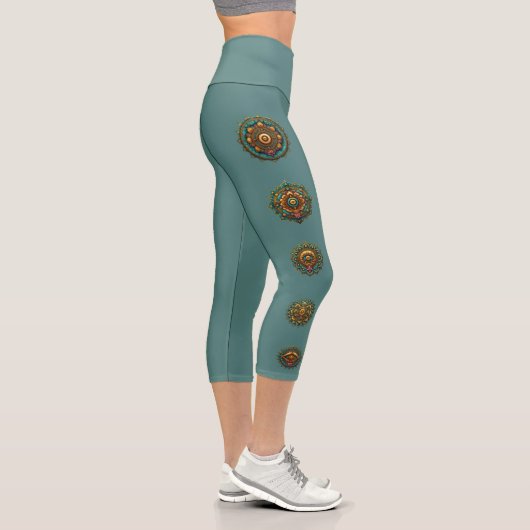 Turquoise Gold Lotus Mandala Print Teal Activewear Capri Leggings (Rechts)