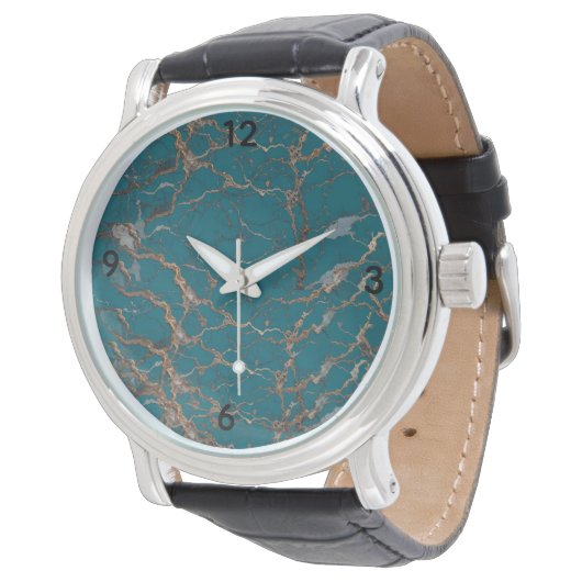 Turquoise Gold Marble Pattern Watch Armbanduhr (Schrägansicht)