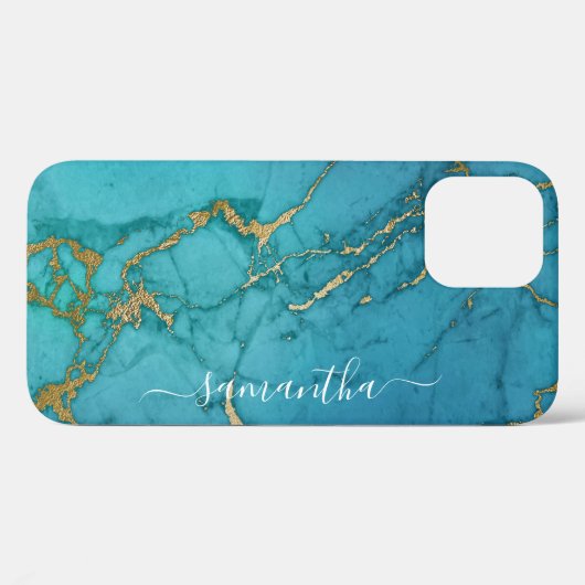 Turquoise Gold Marble Stone Handgeschriebener Name Case-Mate iPhone Hülle (Rückseite (Horizontal))