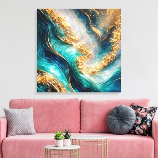 Turquoise & Gold Marble Swirls Canvas Print Leinwanddruck (Insitu (Wohnzimmer))